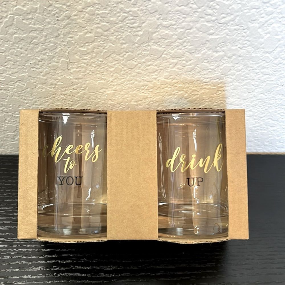New Set of Two Rocks Glasses "Cheers to You" and "Drink Up" ~ 8 Ounces Each